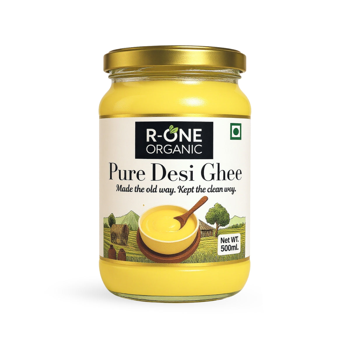 Jar of R-One Organic Pure Desi Ghee on a white background